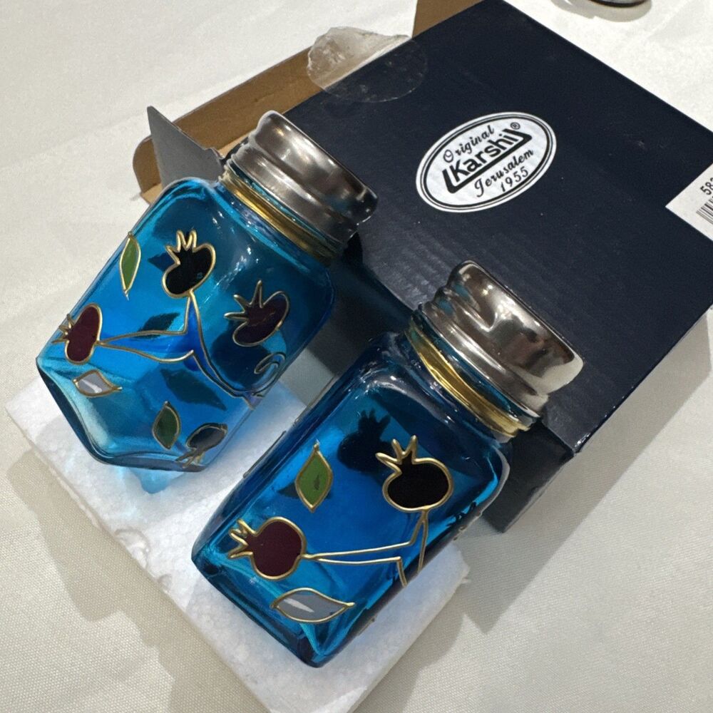 Salt & Pepper Light Blue Glass Shakers - Pomegranates - Karshi Jerusalem New Box